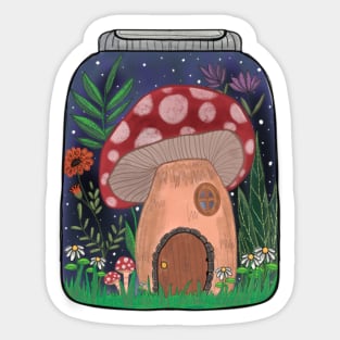 Tiny mushroom house in a terrarium jar Sticker